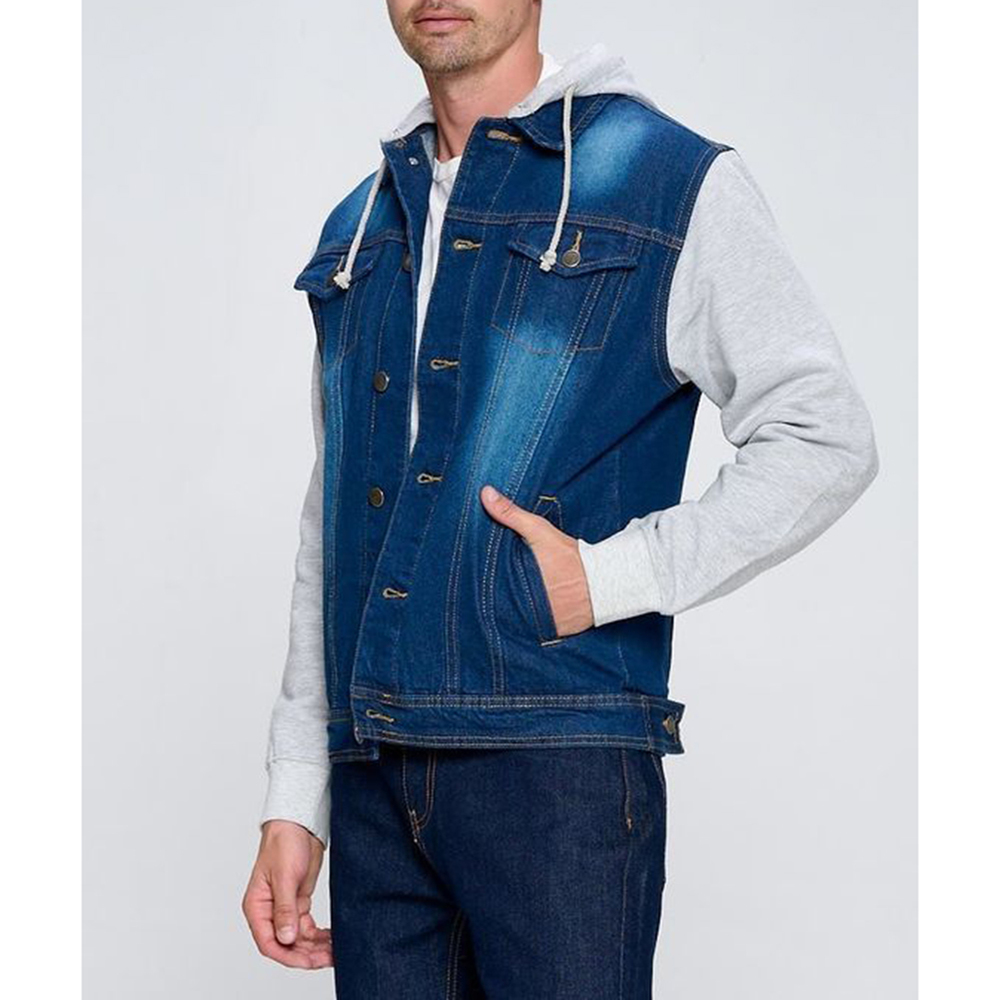 Men's Jacket Hoodie Denim Cotton Long Sleeve Hybrid Hooded Trucker Jean Jacket D